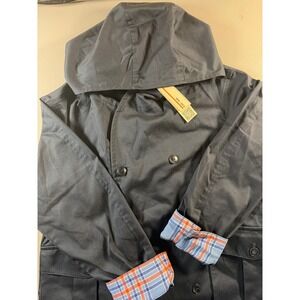 WE-AR4 Hooded Utility Jacket Womens XS Navy Blue Plaid Cuffs Double Breasted NWT